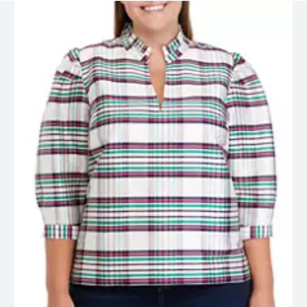 NEW Crown & Ivy Plaid Holiday Top 3/4 Sleeve Blouse Christmas Lined Preppy 4X